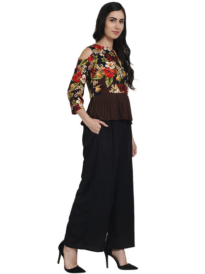 Women's Black Printed Crepe Cold Shoulder 3/4Th Sleeve Top With Solid Black Palazzo Having One Side Pocket