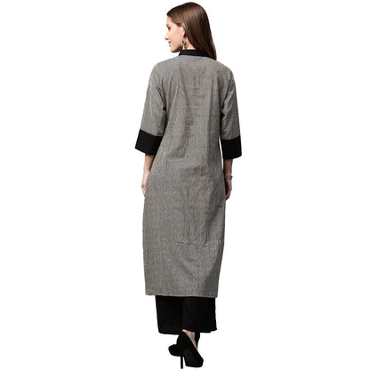 Women's Black Printed 3/4Th Sleeve Cotton Front Open Kurta