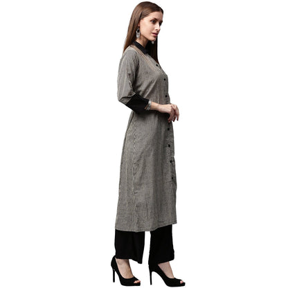Women's Black Printed 3/4Th Sleeve Cotton Front Open Kurta