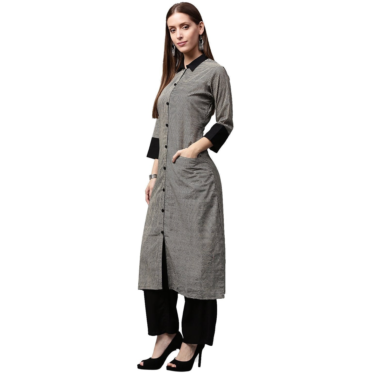 Women's Black Printed 3/4Th Sleeve Cotton Front Open Kurta
