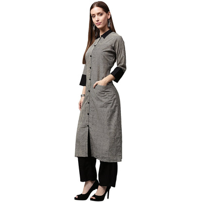 Women's Black Printed 3/4Th Sleeve Cotton Front Open Kurta
