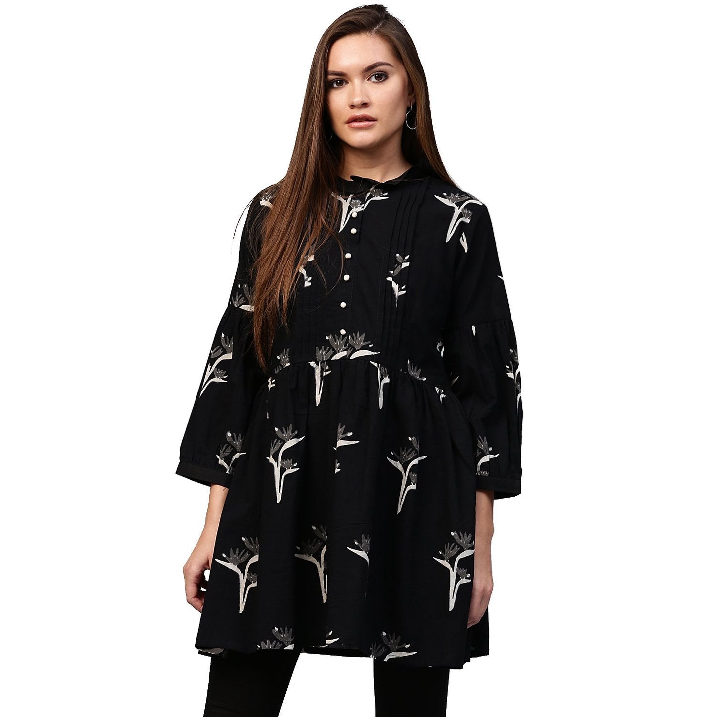 Women's Black Printed 3/4Th Sleeve Cotton Flared Tunic