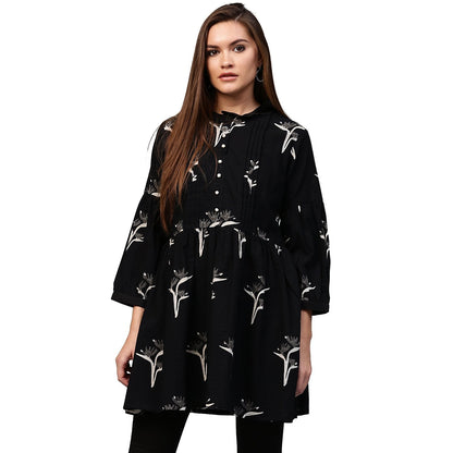 Women's Black Printed 3/4Th Sleeve Cotton Flared Tunic
