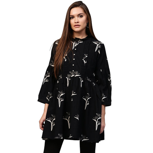 Women's Black Printed 3/4Th Sleeve Cotton Flared Tunic