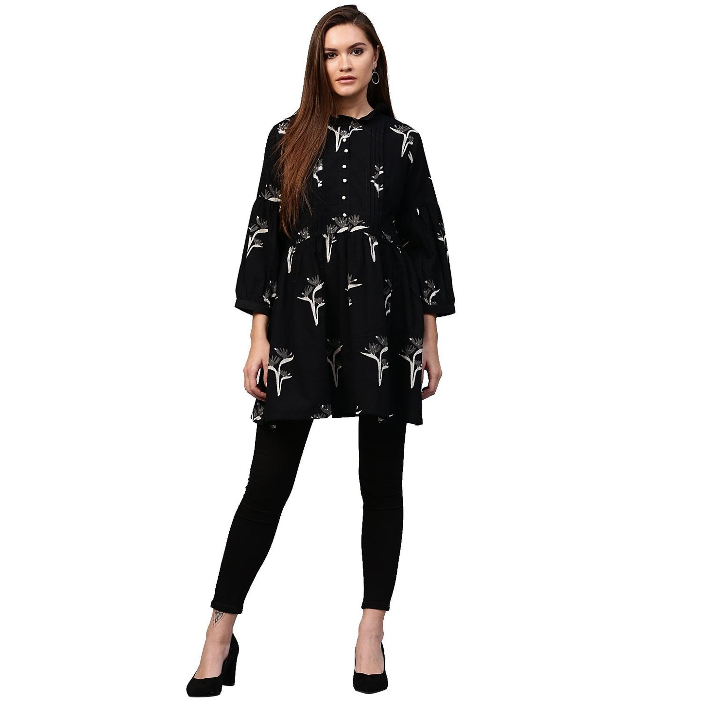 Women's Black Printed 3/4Th Sleeve Cotton Flared Tunic