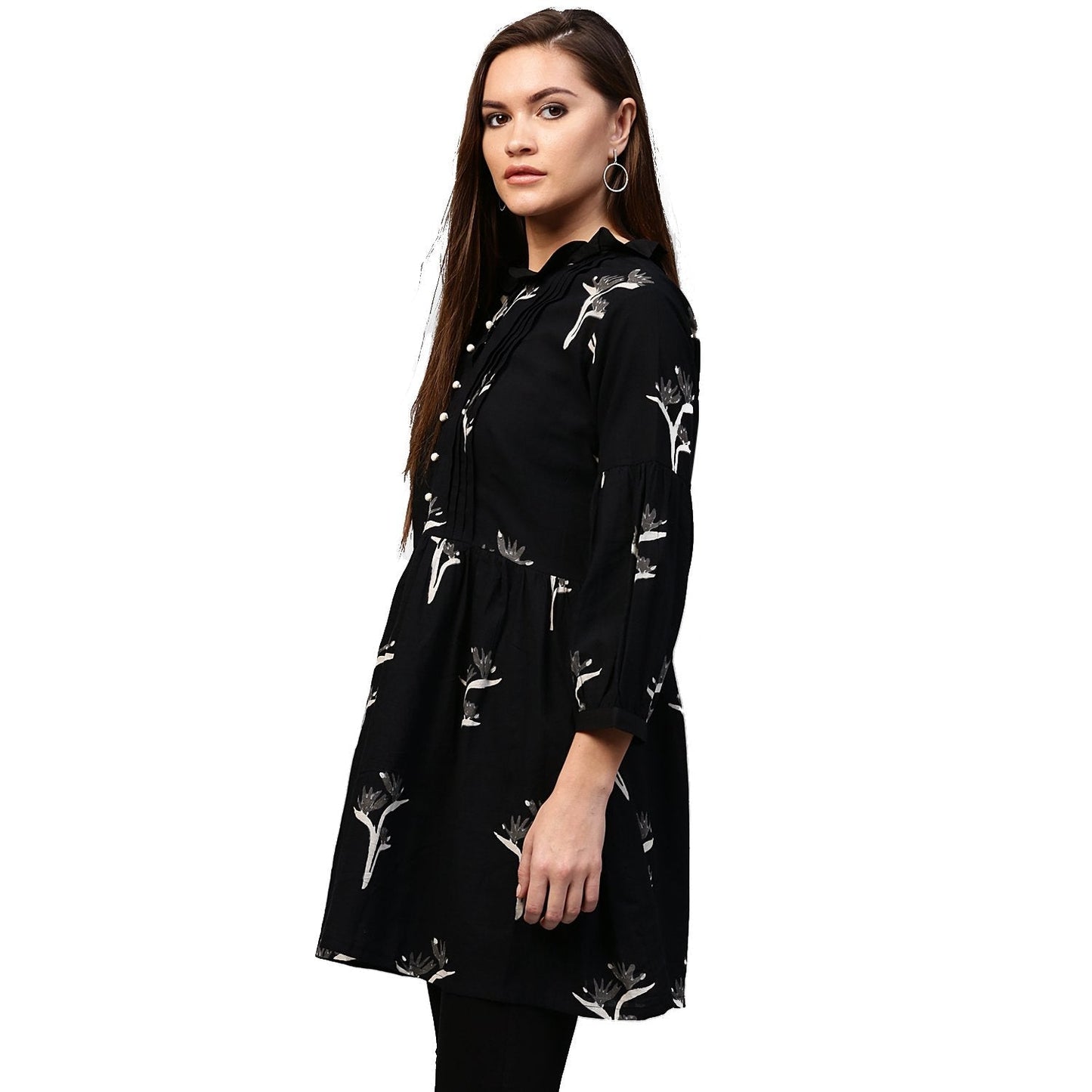 Women's Black Printed 3/4Th Sleeve Cotton Flared Tunic