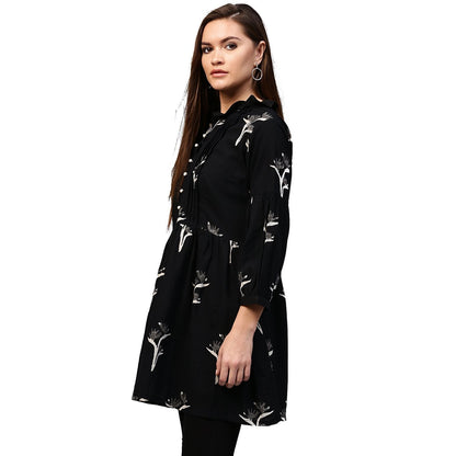 Women's Black Printed 3/4Th Sleeve Cotton Flared Tunic