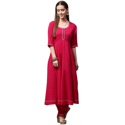 Women's Pink 3/4Th Sleeve Cotton Slub Anarkali Kurta With Pink Flared Palazzo
