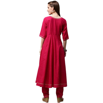 Women's Pink 3/4Th Sleeve Cotton Slub Anarkali Kurta With Pink Flared Palazzo