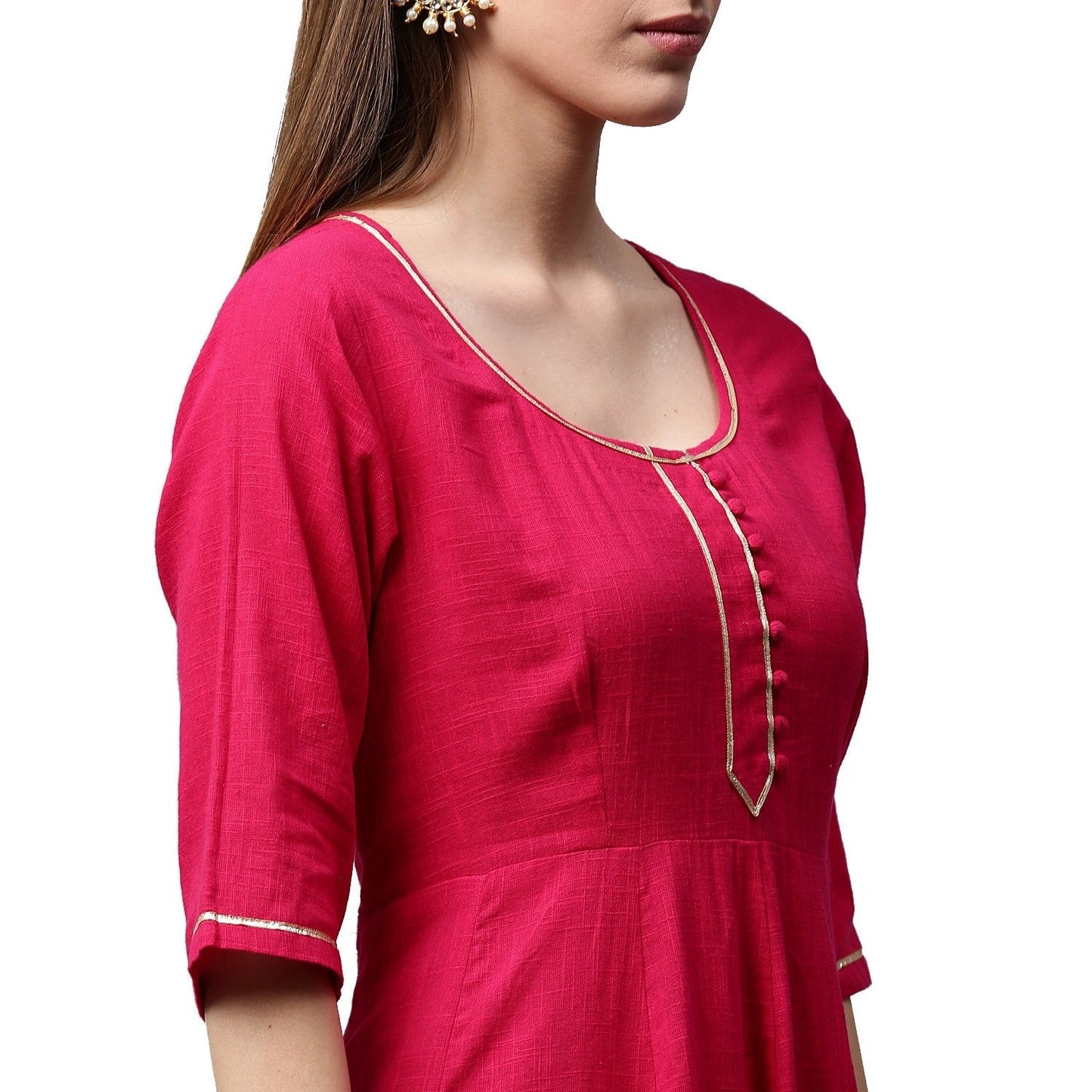 Women's Pink 3/4Th Sleeve Cotton Slub Anarkali Kurta With Pink Flared Palazzo