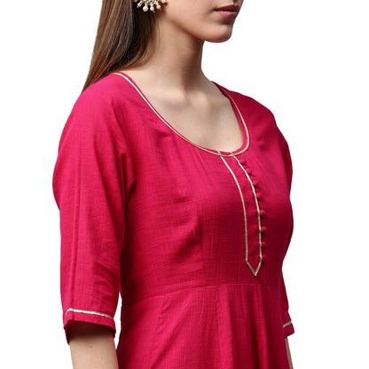 Women's Pink 3/4Th Sleeve Cotton Slub Anarkali Kurta With Pink Flared Palazzo