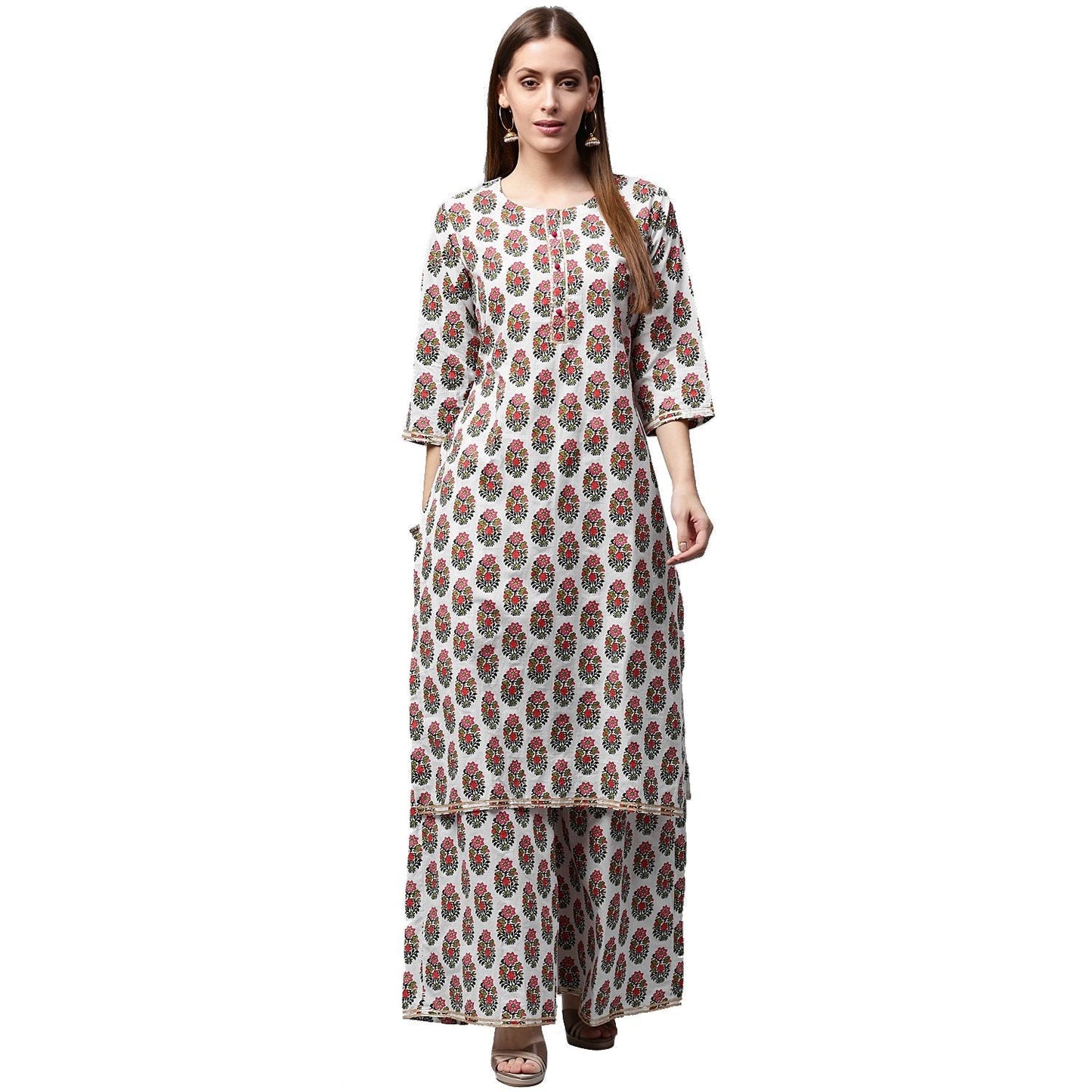 Women's White Printed 3/4Th Sleeve Cotton Kurta With Printed Palazzo