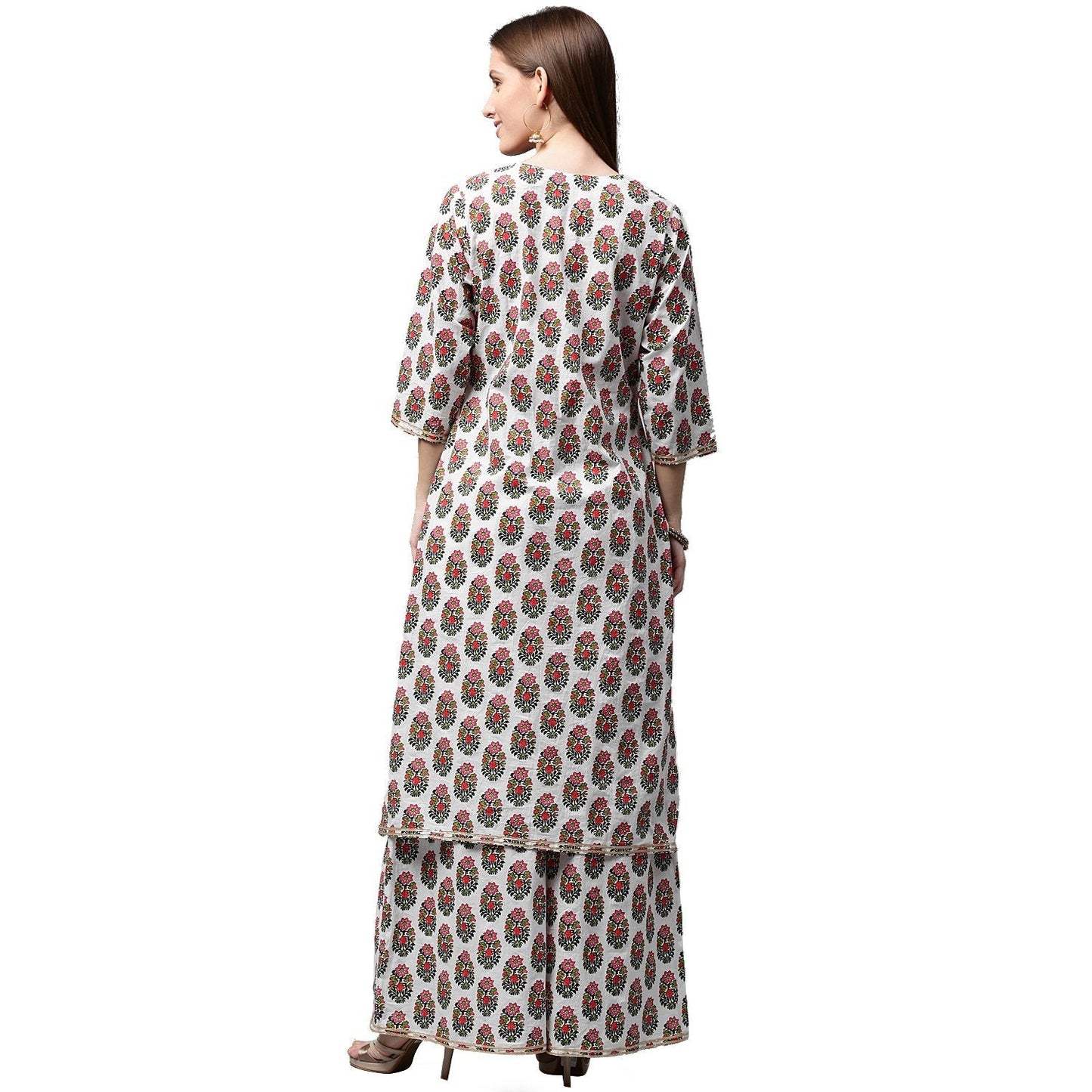 Women's White Printed 3/4Th Sleeve Cotton Kurta With Printed Palazzo