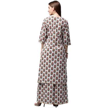 Women's White Printed 3/4Th Sleeve Cotton Kurta With Printed Palazzo