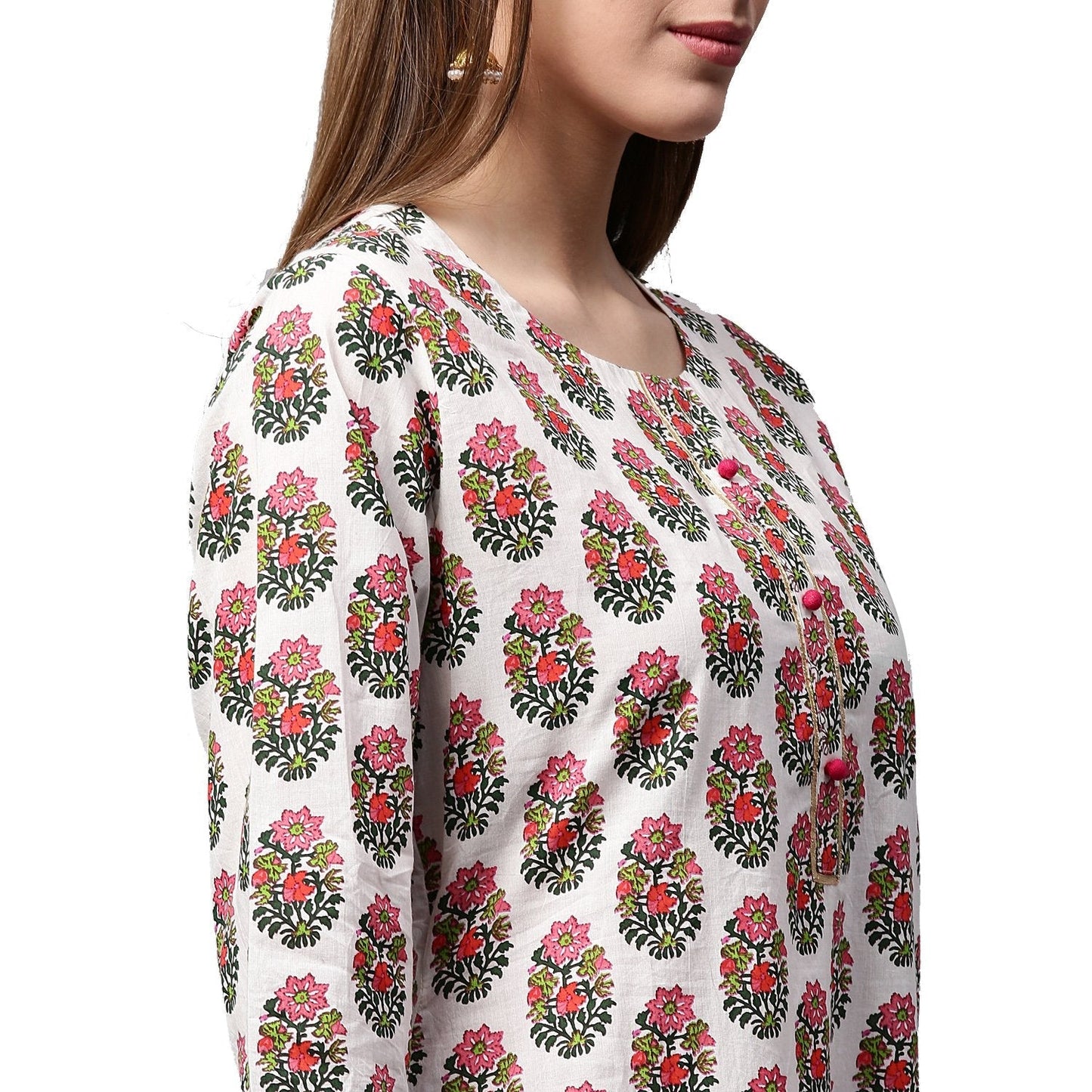Women's White Printed 3/4Th Sleeve Cotton Kurta With Printed Palazzo
