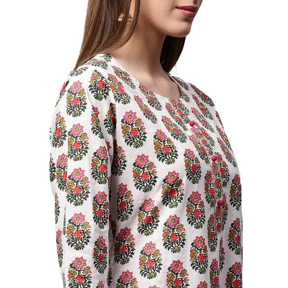 Women's White Printed 3/4Th Sleeve Cotton Kurta With Printed Palazzo