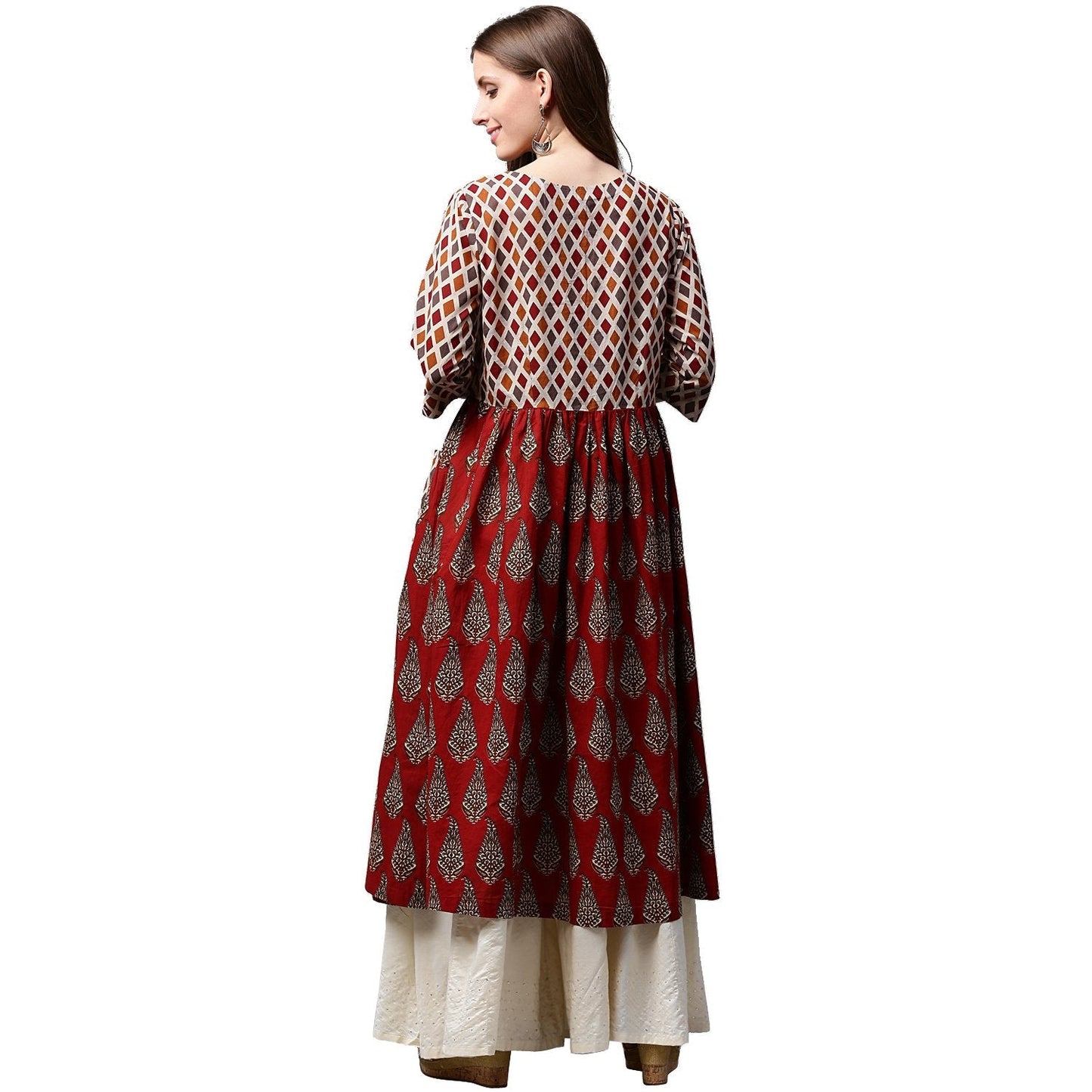 Women's Red Printed 3/4Th Sleeve Cotton Anarkali Kurta