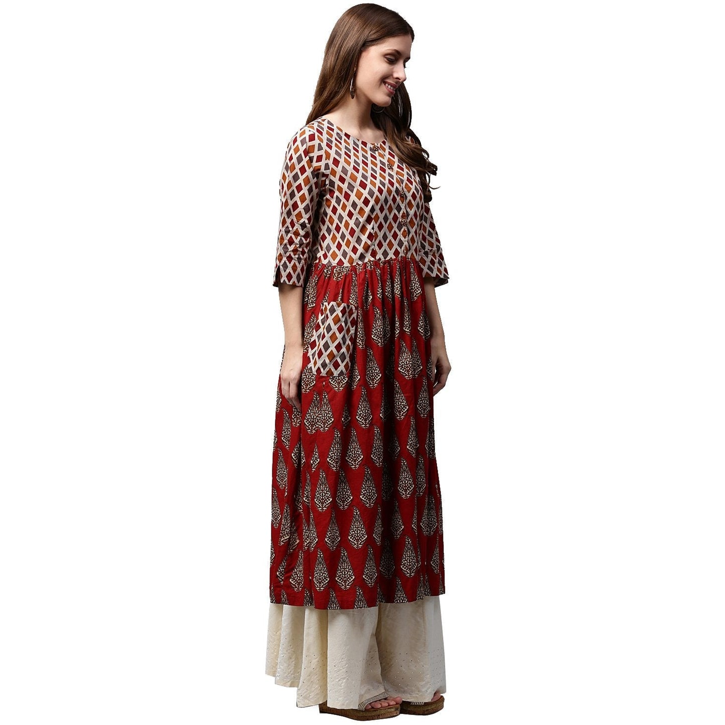 Women's Red Printed 3/4Th Sleeve Cotton Anarkali Kurta