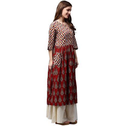 Women's Red Printed 3/4Th Sleeve Cotton Anarkali Kurta