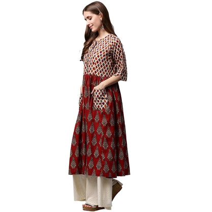 Women's Red Printed 3/4Th Sleeve Cotton Anarkali Kurta
