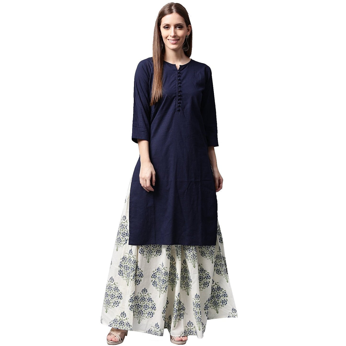 Women's Blue 3/4Th Sleeve Cotton Kurta With White Printed Skirt