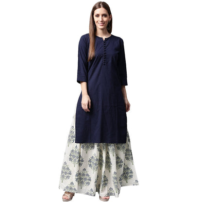 Women's Blue 3/4Th Sleeve Cotton Kurta With White Printed Skirt