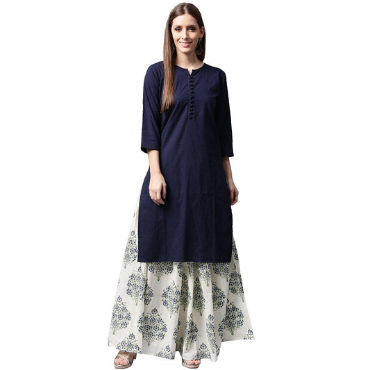Women's Blue 3/4Th Sleeve Cotton Kurta With White Printed Skirt