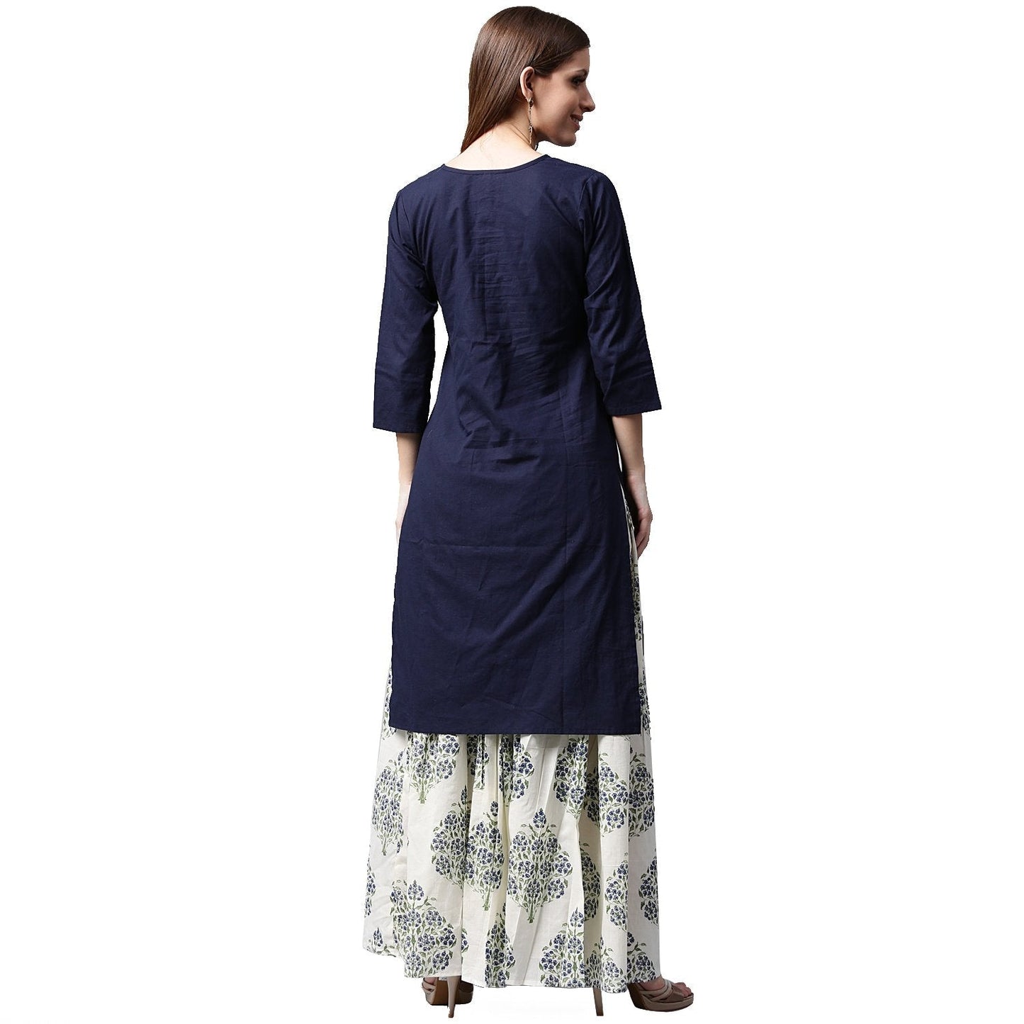 Women's Blue 3/4Th Sleeve Cotton Kurta With White Printed Skirt