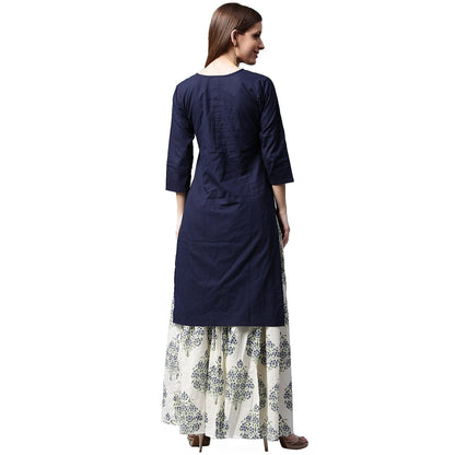 Women's Blue 3/4Th Sleeve Cotton Kurta With White Printed Skirt