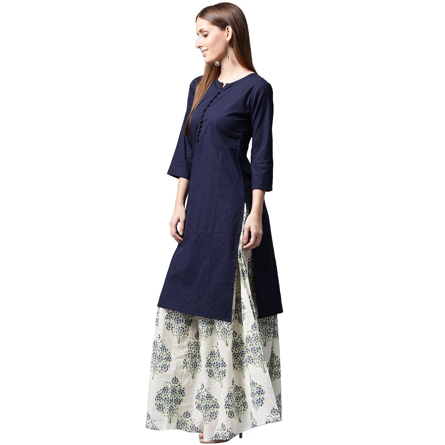 Women's Blue 3/4Th Sleeve Cotton Kurta With White Printed Skirt