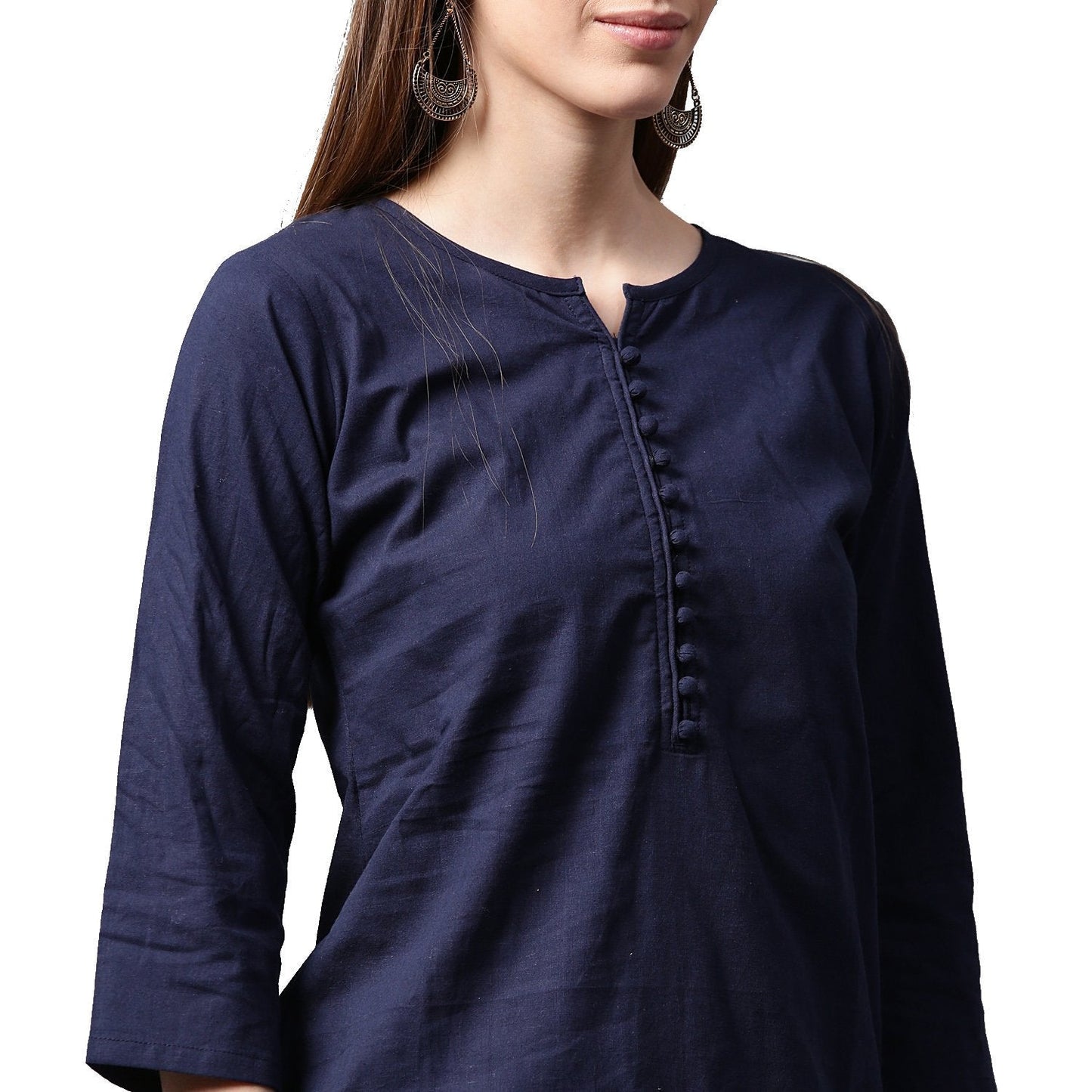 Women's Blue 3/4Th Sleeve Cotton Kurta With White Printed Skirt