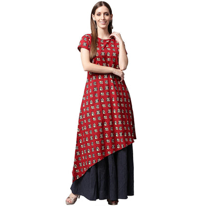 Women's Red Printed Short Sleeve Cotton Kurta With Blue Printed Skirt