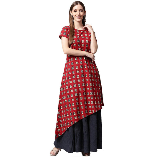 Women's Red Printed Short Sleeve Cotton Kurta With Blue Printed Skirt
