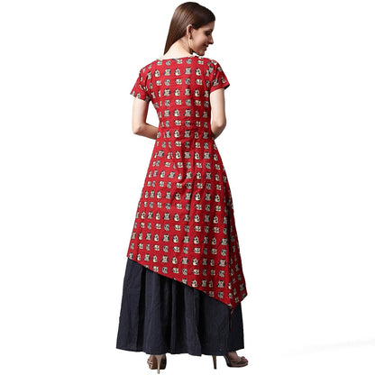 Women's Red Printed Short Sleeve Cotton Kurta With Blue Printed Skirt