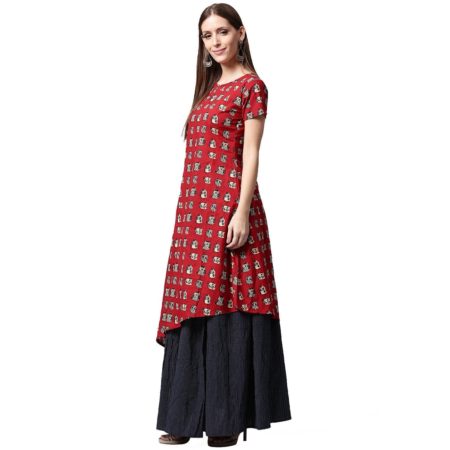 Women's Red Printed Short Sleeve Cotton Kurta With Blue Printed Skirt