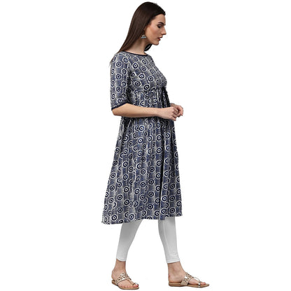 Women's Blue Printed Half Sleeve Cotton Cropped Anarkali Kurta