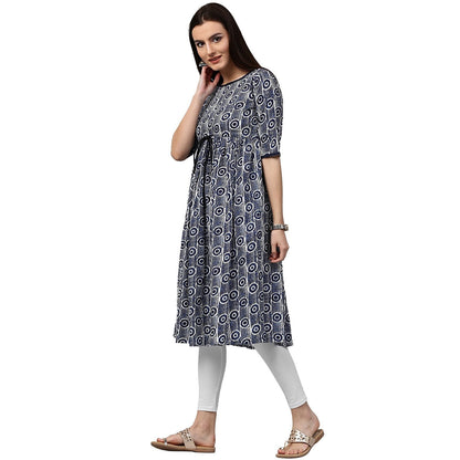 Women's Blue Printed Half Sleeve Cotton Cropped Anarkali Kurta