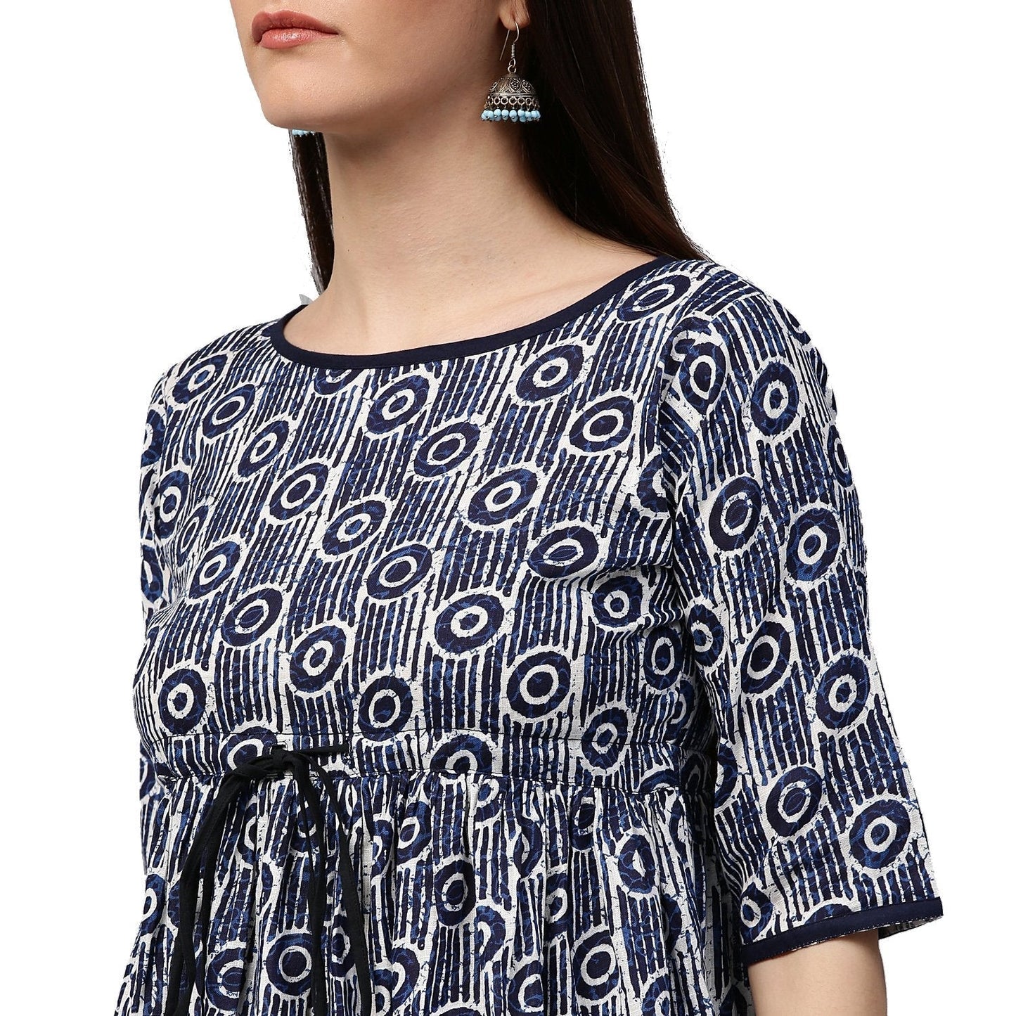 Women's Blue Printed Half Sleeve Cotton Cropped Anarkali Kurta