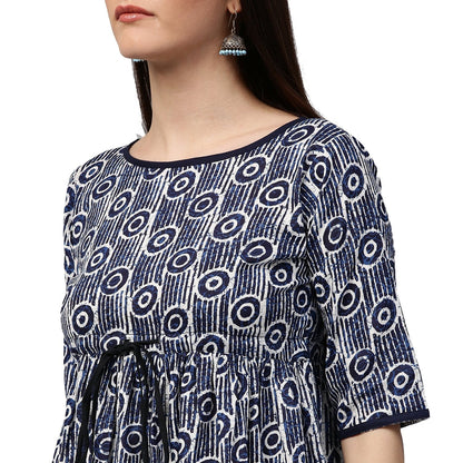 Women's Blue Printed Half Sleeve Cotton Cropped Anarkali Kurta