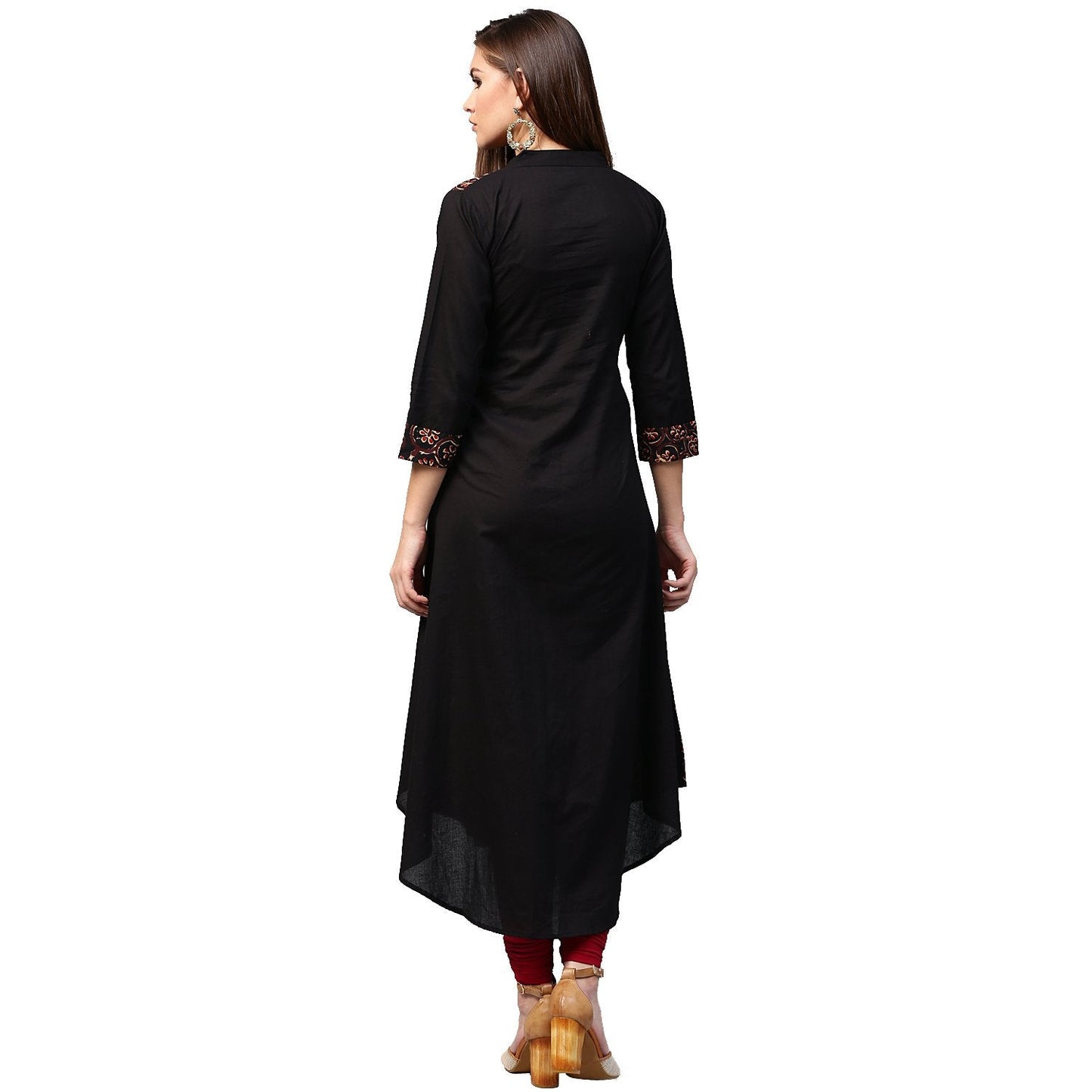 Women's Black & Golden Printed 3/4Th Sleeve Cotton A-Line Kurta