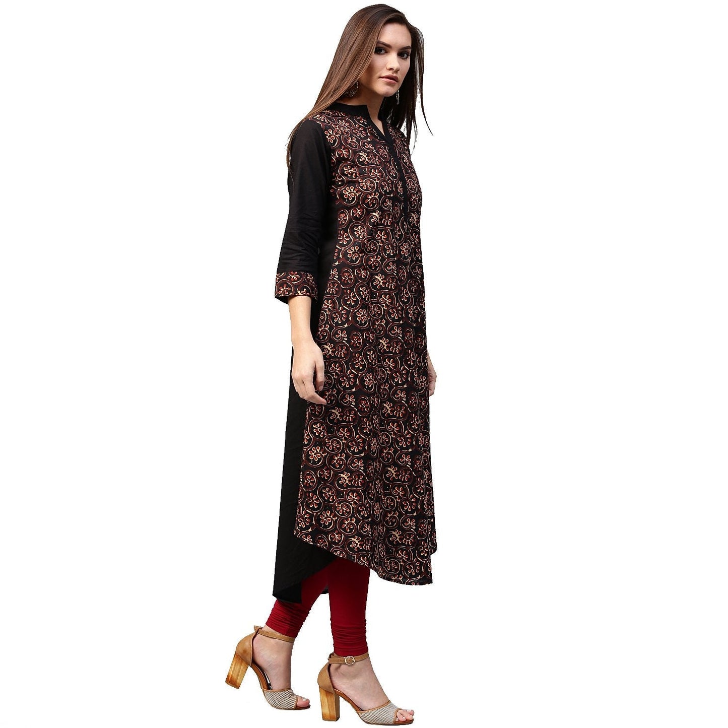 Women's Black & Golden Printed 3/4Th Sleeve Cotton A-Line Kurta