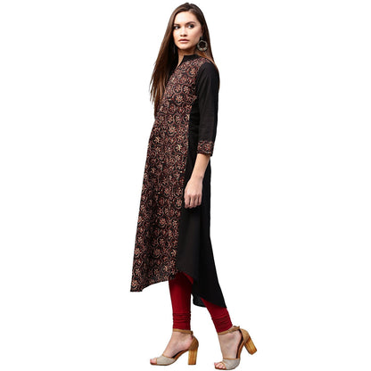 Women's Black & Golden Printed 3/4Th Sleeve Cotton A-Line Kurta