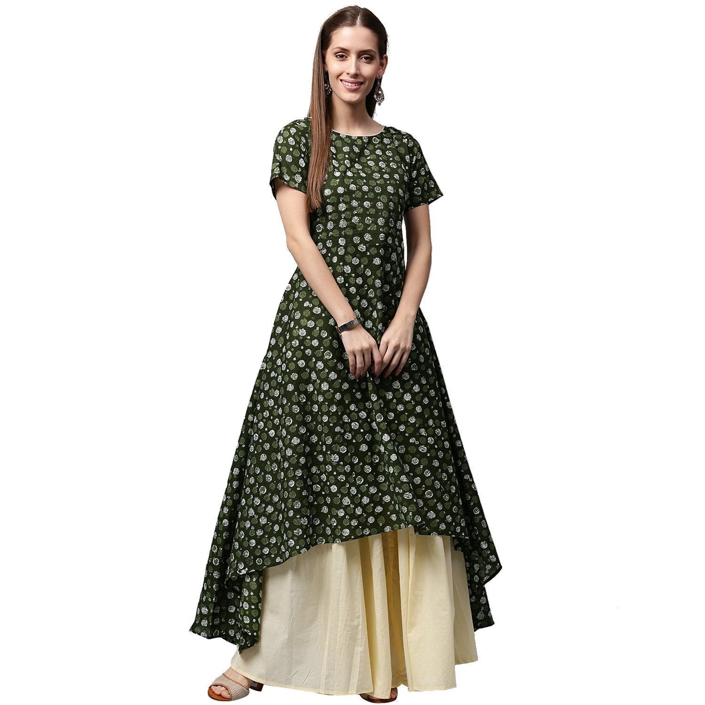 Women's Green Printed Half Sleeve Cotton Low High A-Line Kurta With Off White Palazzo