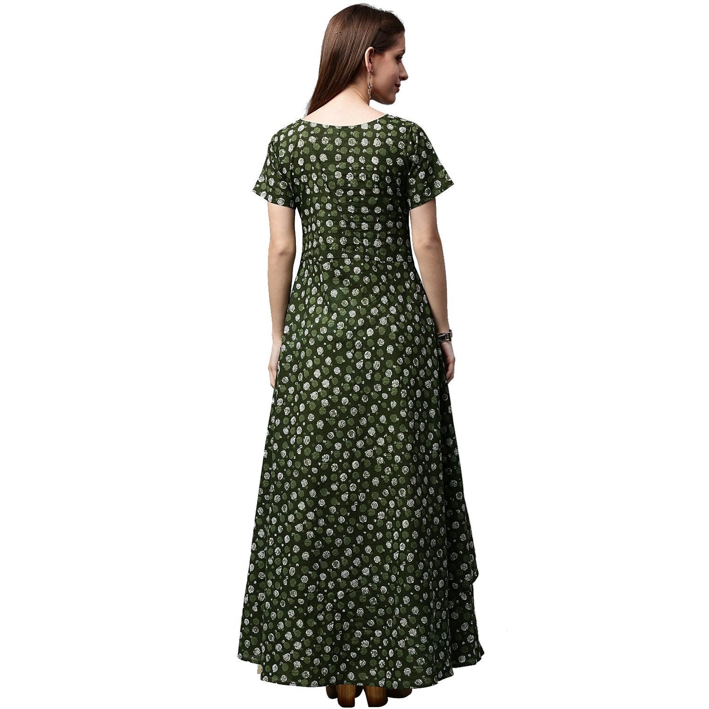Women's Green Printed Half Sleeve Cotton Low High A-Line Kurta With Off White Palazzo