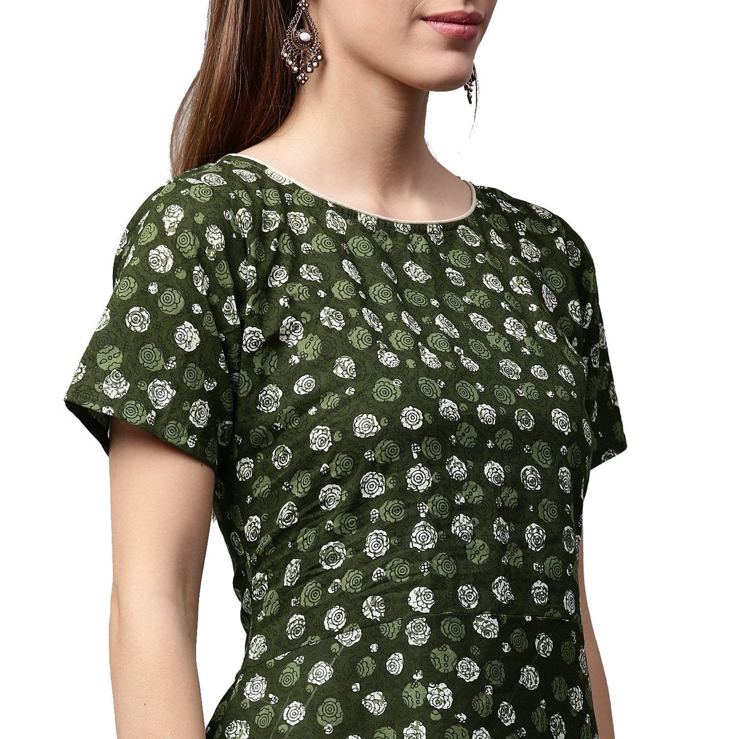Women's Green Printed Half Sleeve Cotton Low High A-Line Kurta With Off White Palazzo