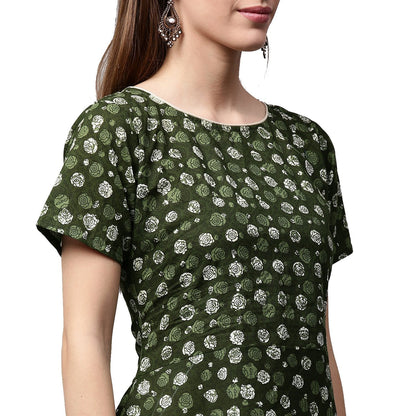 Women's Green Printed Half Sleeve Cotton Low High A-Line Kurta With Off White Palazzo
