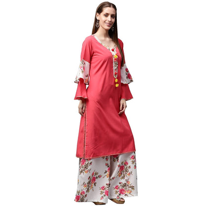 Women's Red 3/4Th Sleeve Crepe Kurta With Tussel Work At Yoke With White Printed Palazzo