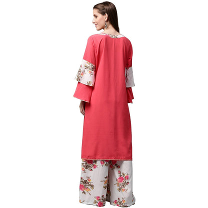 Women's Red 3/4Th Sleeve Crepe Kurta With Tussel Work At Yoke With White Printed Palazzo