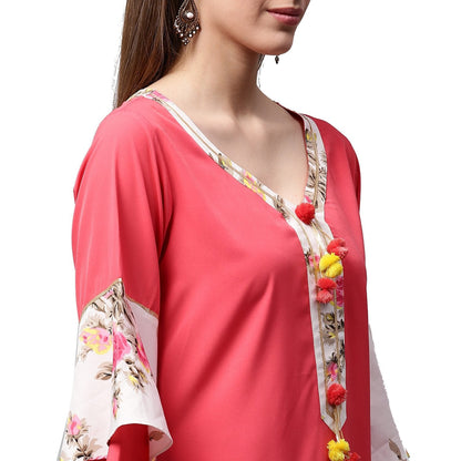 Women's Red 3/4Th Sleeve Crepe Kurta With Tussel Work At Yoke With White Printed Palazzo
