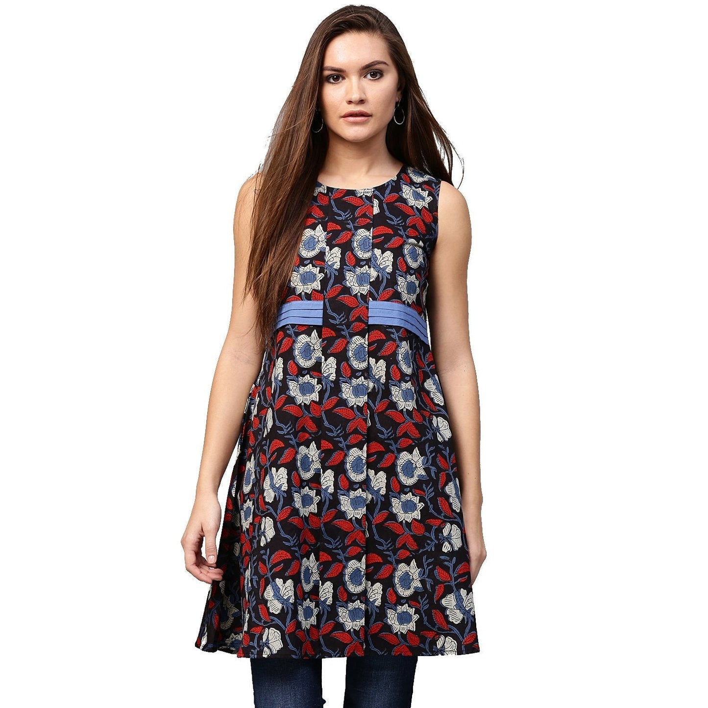 Women's Black Printed Sleeveless Cotton Flared Tunics